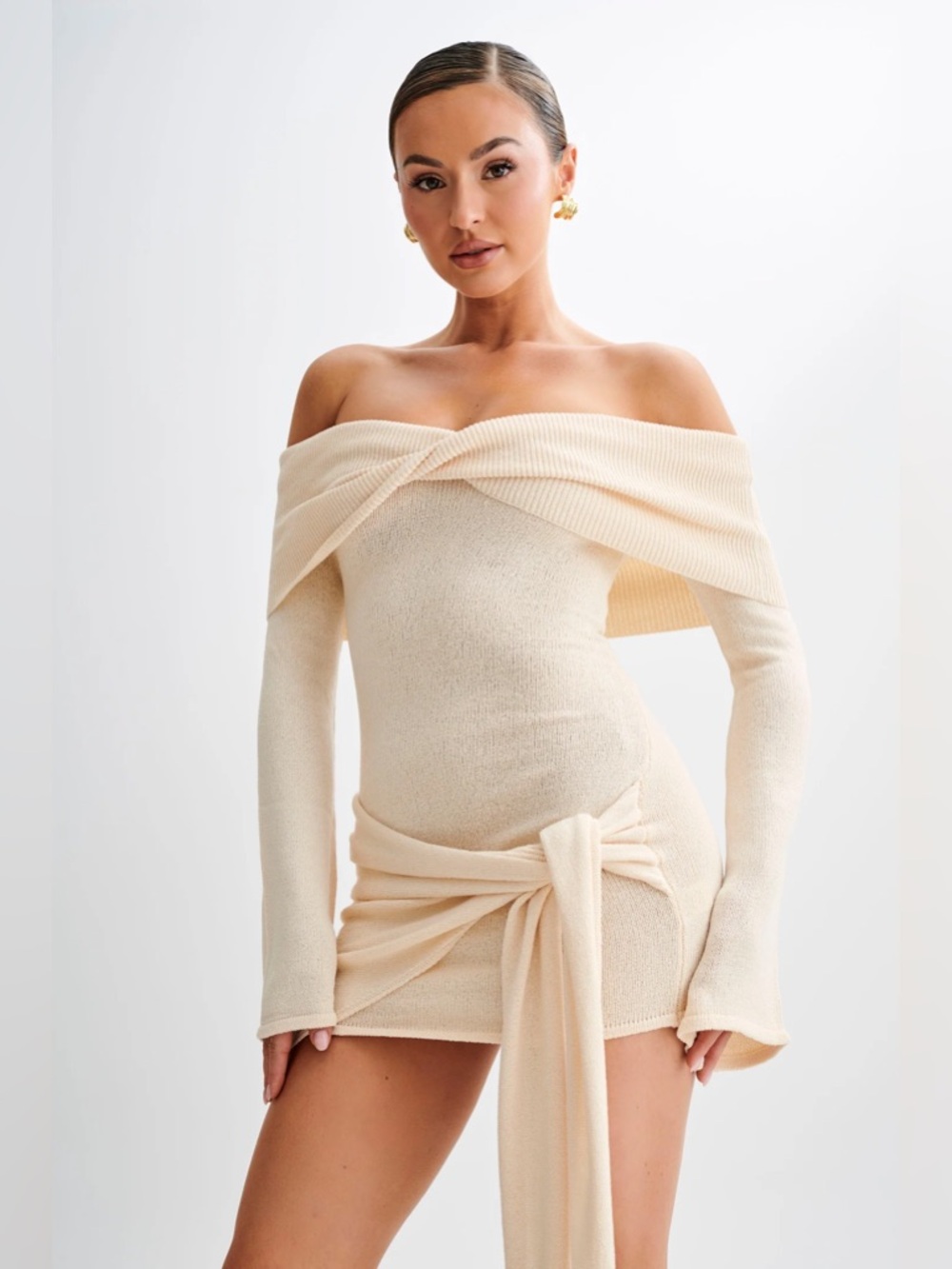 NWT Meshki Camryn Off Shoulder‎ Tie Knit Mini Dress Cream Marle Women’s Size L - Picture 5 of 11